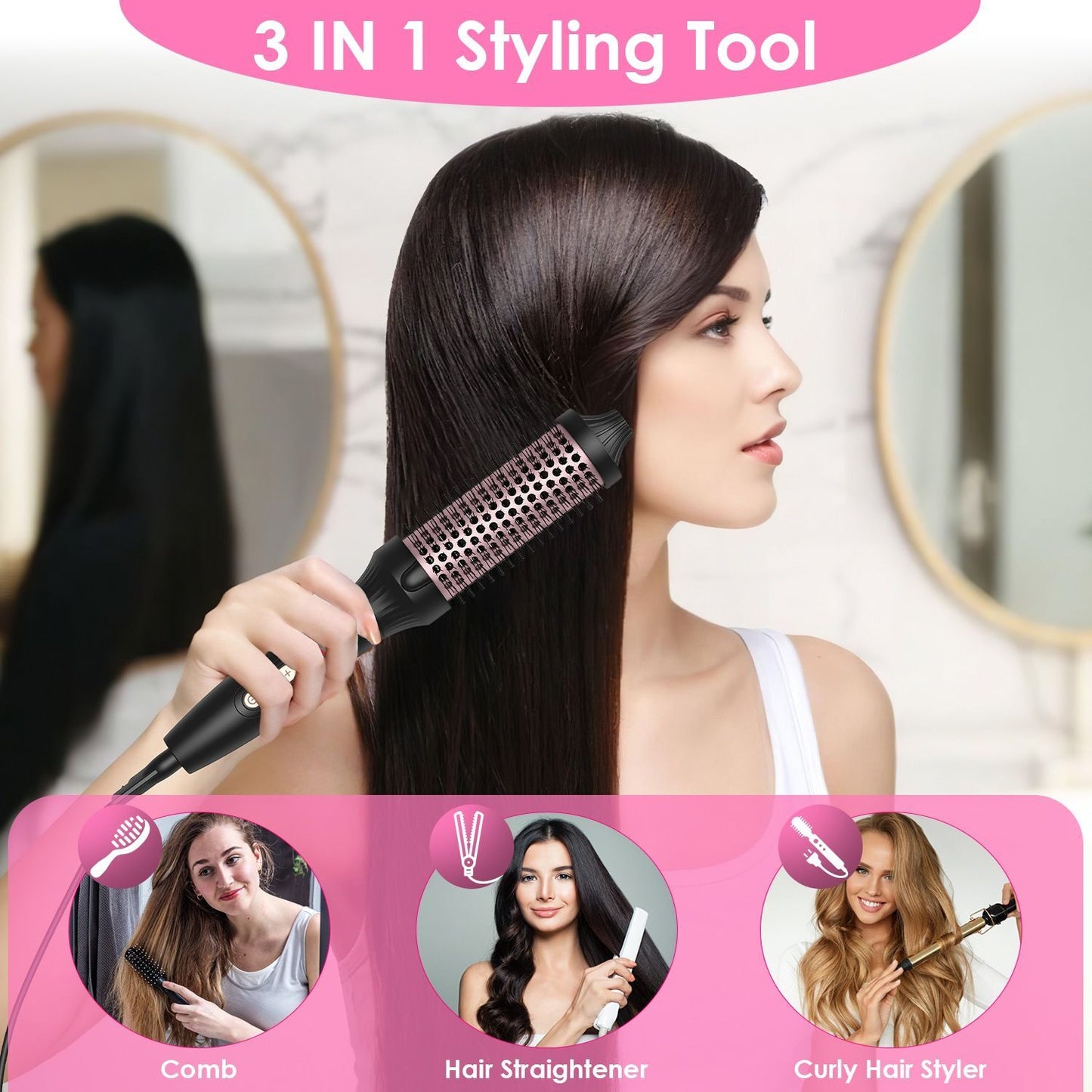 4 In 1 Thermal Brush Hair Curler Dryer Straightener with 10 Heating Levels 30S Fast Heating Fit for All Hair Types for Home Travel