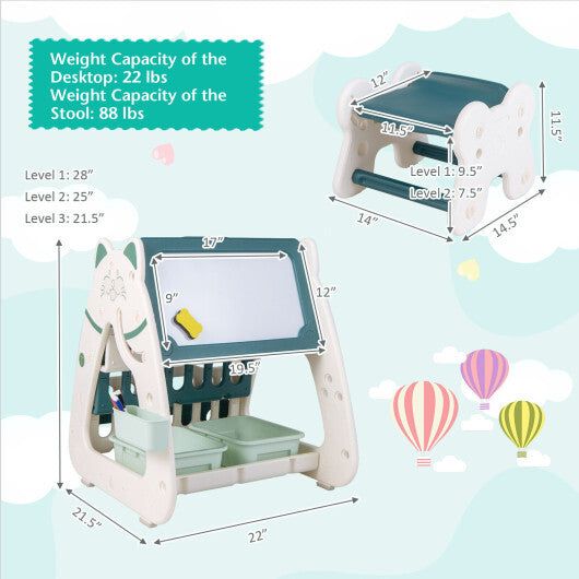 3-In-1 Double Sided Magnetic Dry-Erase Board with Stool and Flipped Writing Desktop-Pink