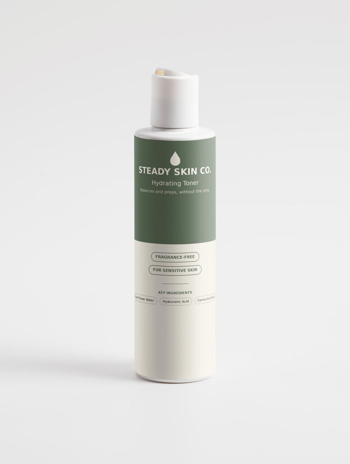 Bottle of Steady Skin Co. Hydrating Toner with a white cap and dark green label, shown on a clean white background.