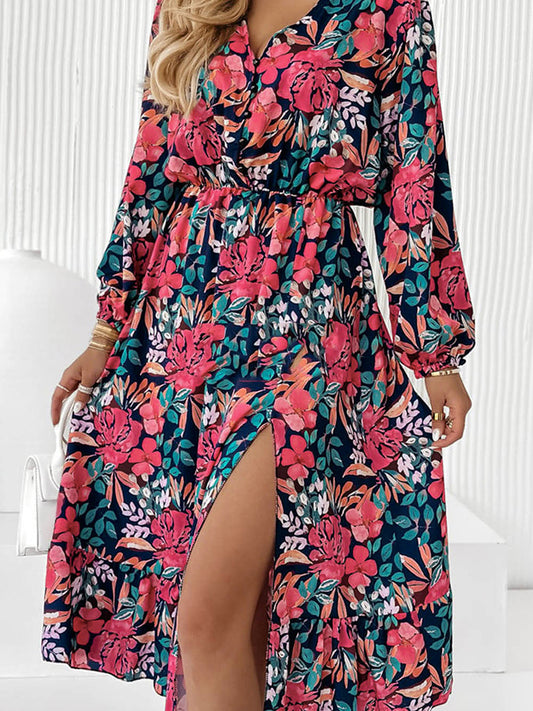 Printed Long Sleeve Slit Dress