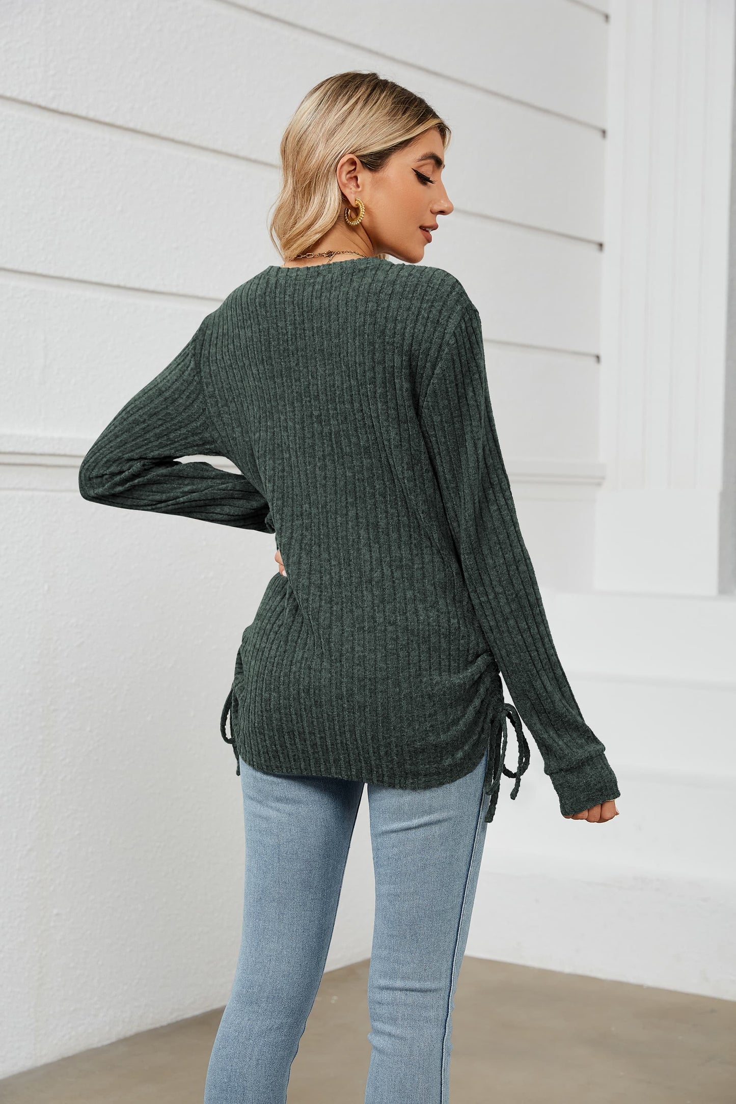 Drawstring Ribbed Long Sleeve T-Shirt