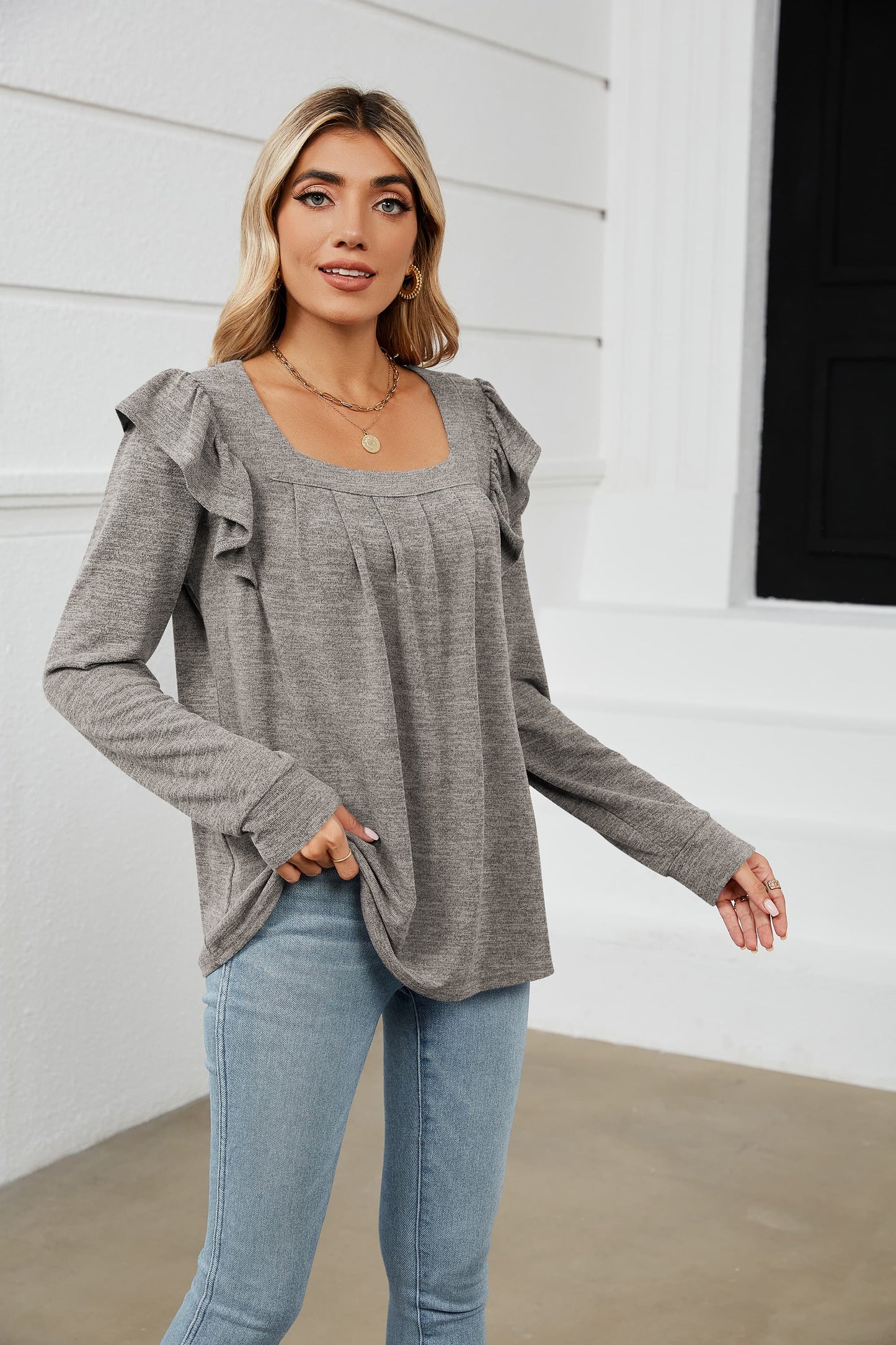 Square Neck Ruffle Shoulder Long Sleeve T-Shirt