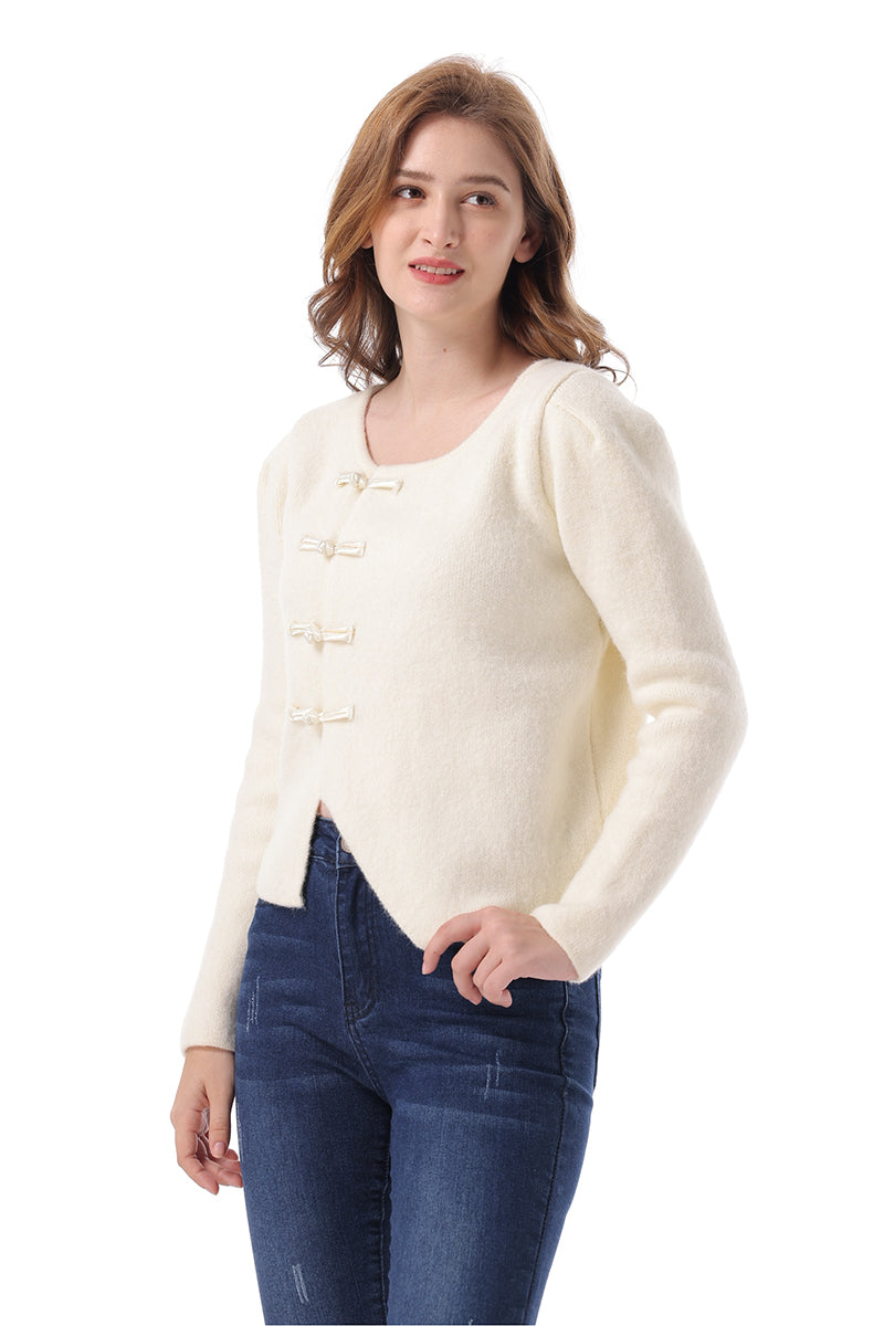 Round Neck Long Sleeve Frog Button Cardigan