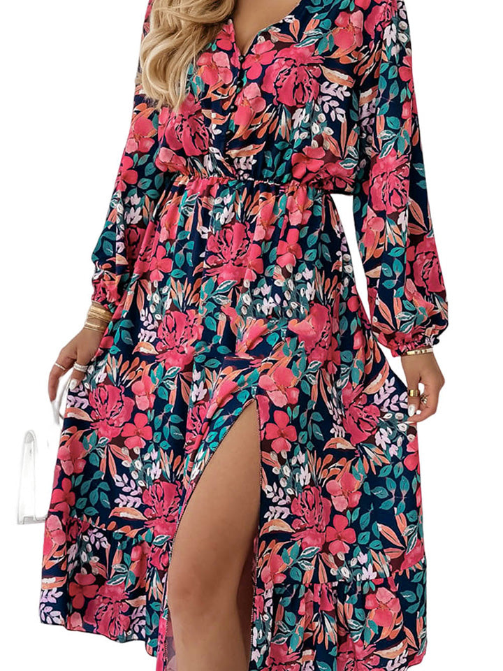 Printed Long Sleeve Slit Dress