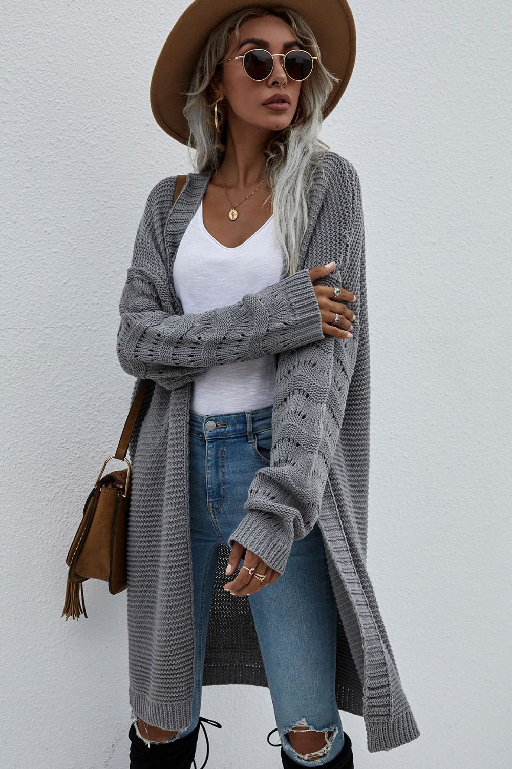 Horizontal Ribbing Open Front Duster Cardigan