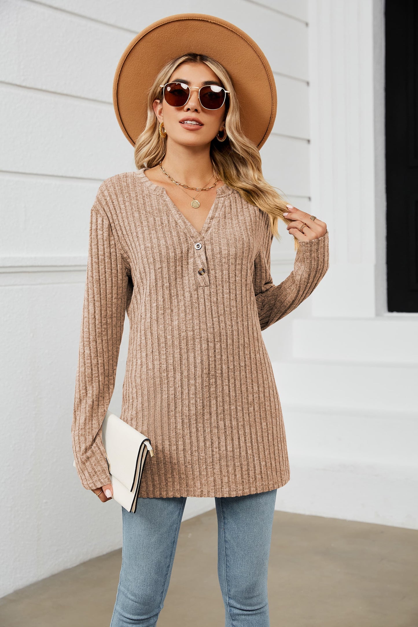 Notched Neck Ribbed Long Sleeve T-Shirt