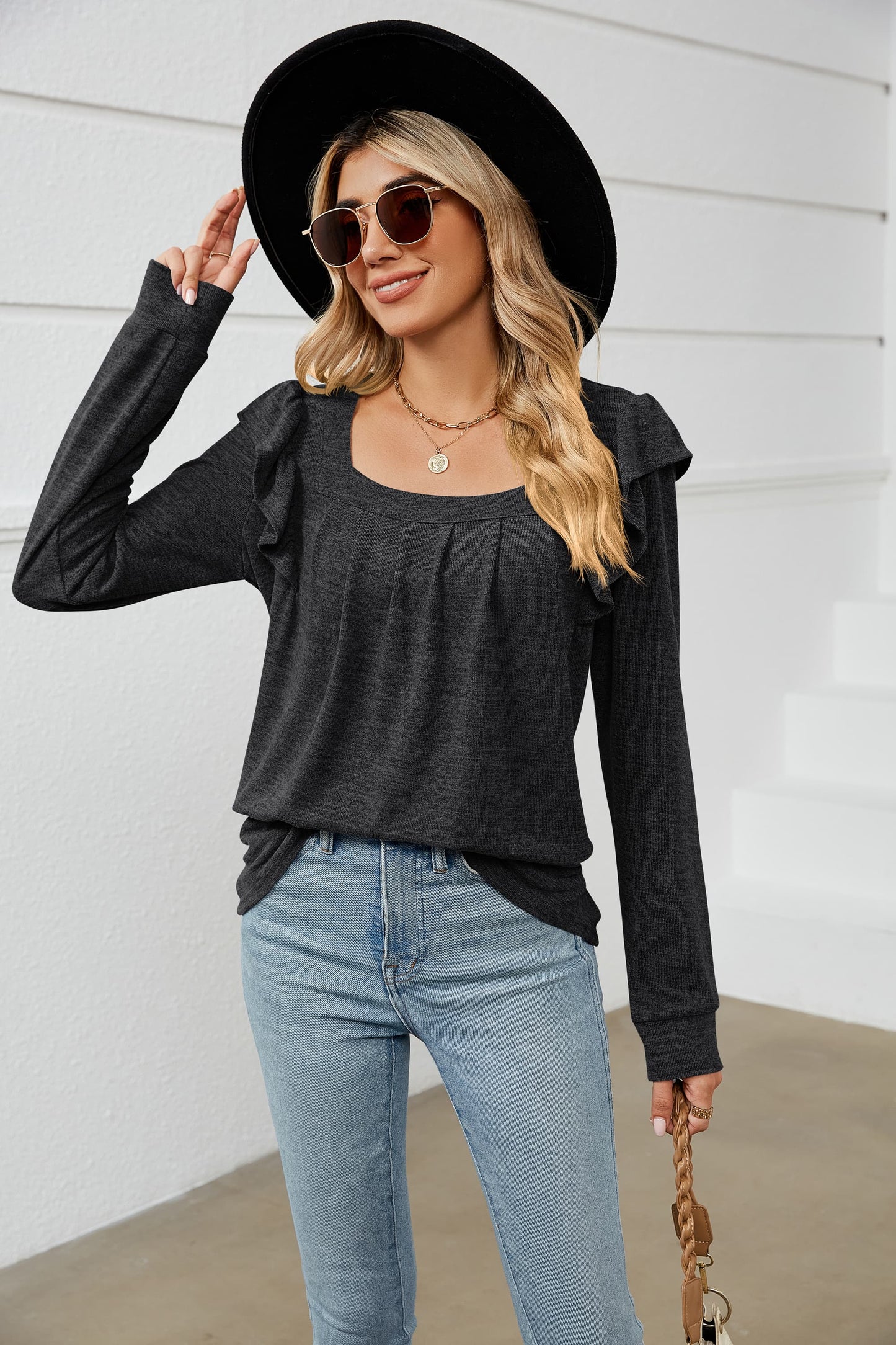 Square Neck Ruffle Shoulder Long Sleeve T-Shirt