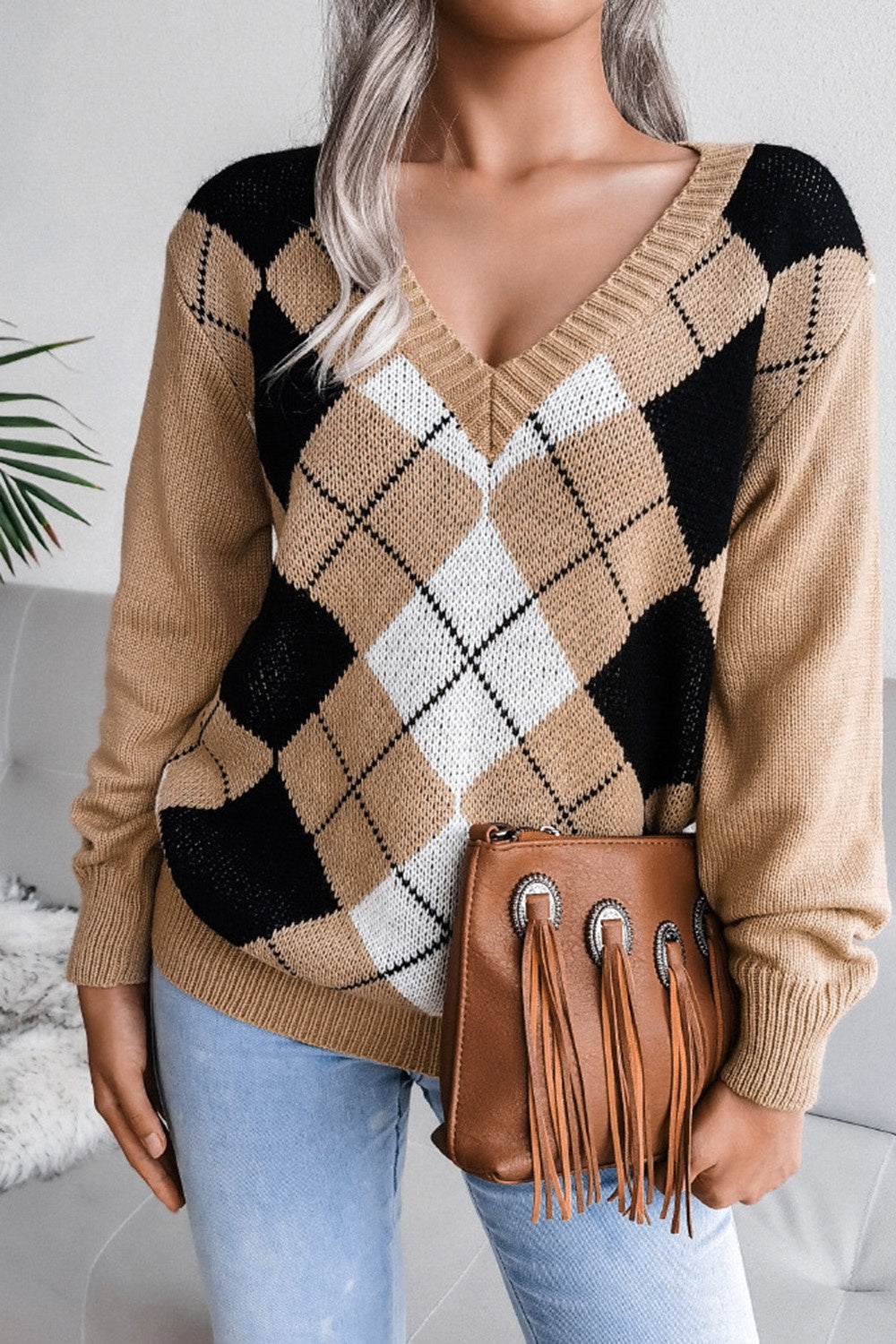 Geometric V-Neck Sweater