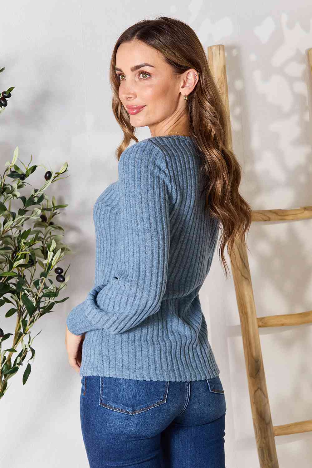 Double Take Ribbed Round Neck Lantern Sleeve Blouse