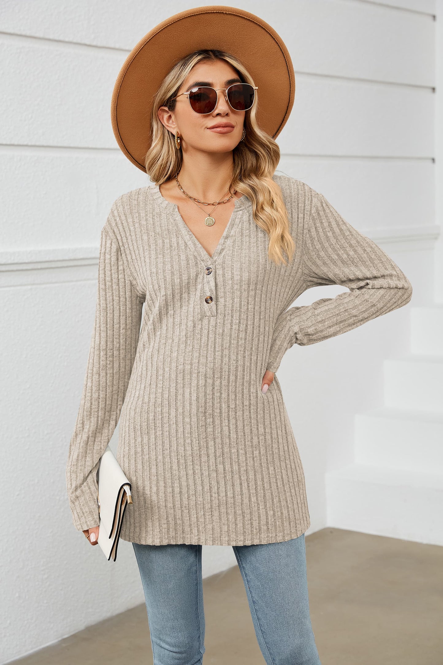 Notched Neck Ribbed Long Sleeve T-Shirt