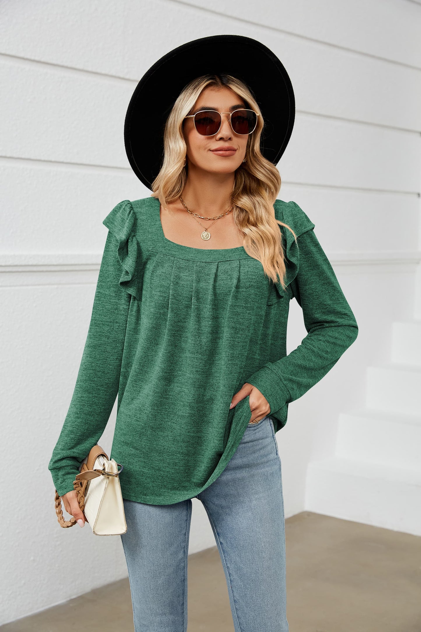 Square Neck Ruffle Shoulder Long Sleeve T-Shirt