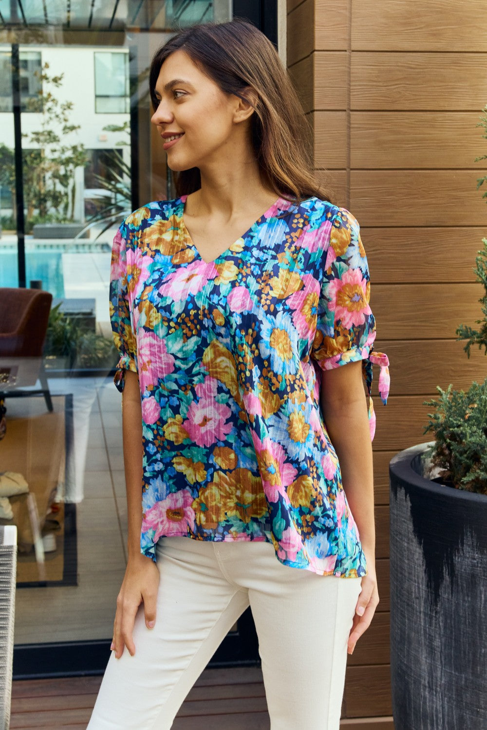 Floral V-Neck Tie Detail Blouse