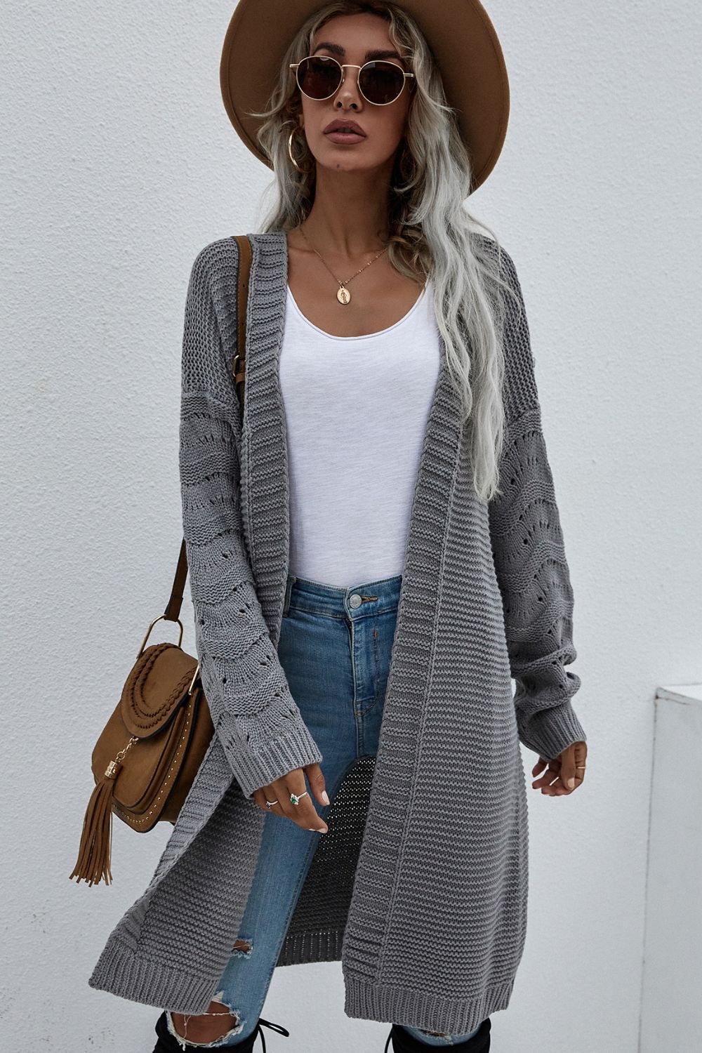 Horizontal Ribbing Open Front Duster Cardigan