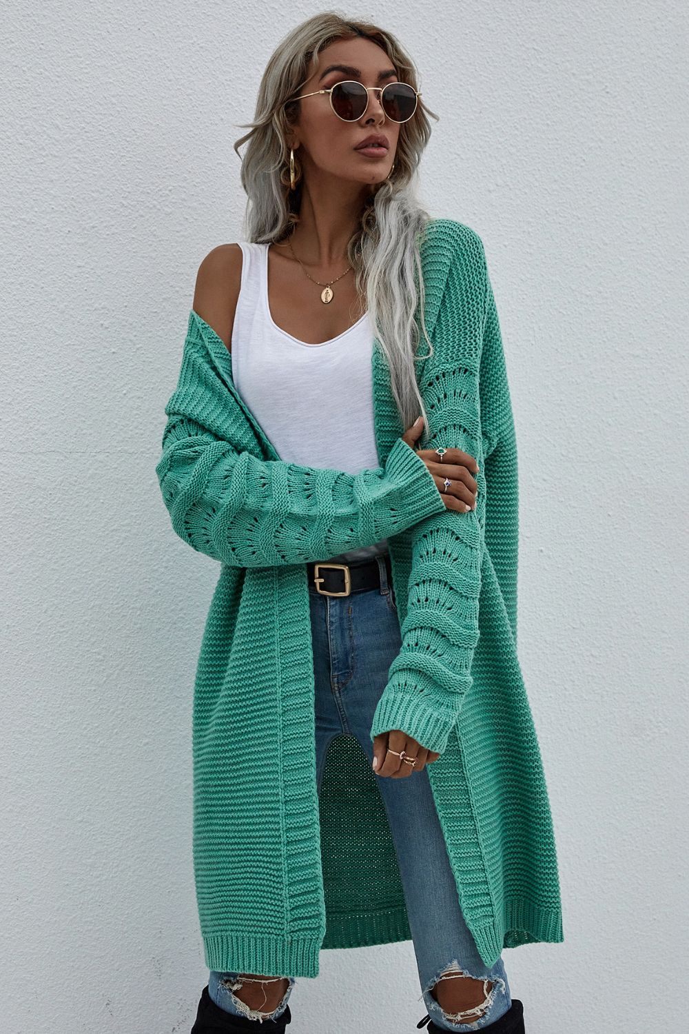 Horizontal Ribbing Open Front Duster Cardigan