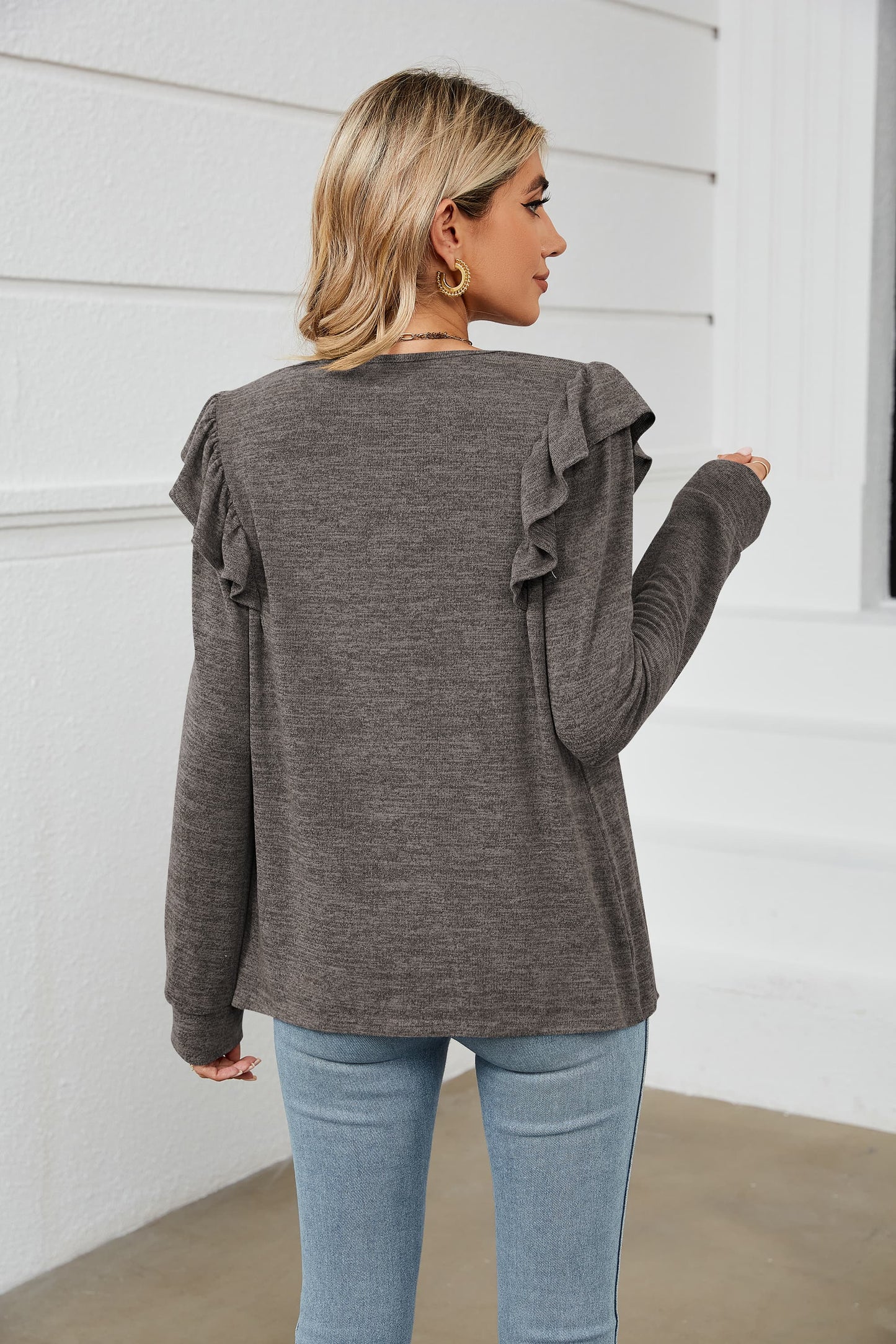 Square Neck Ruffle Shoulder Long Sleeve T-Shirt