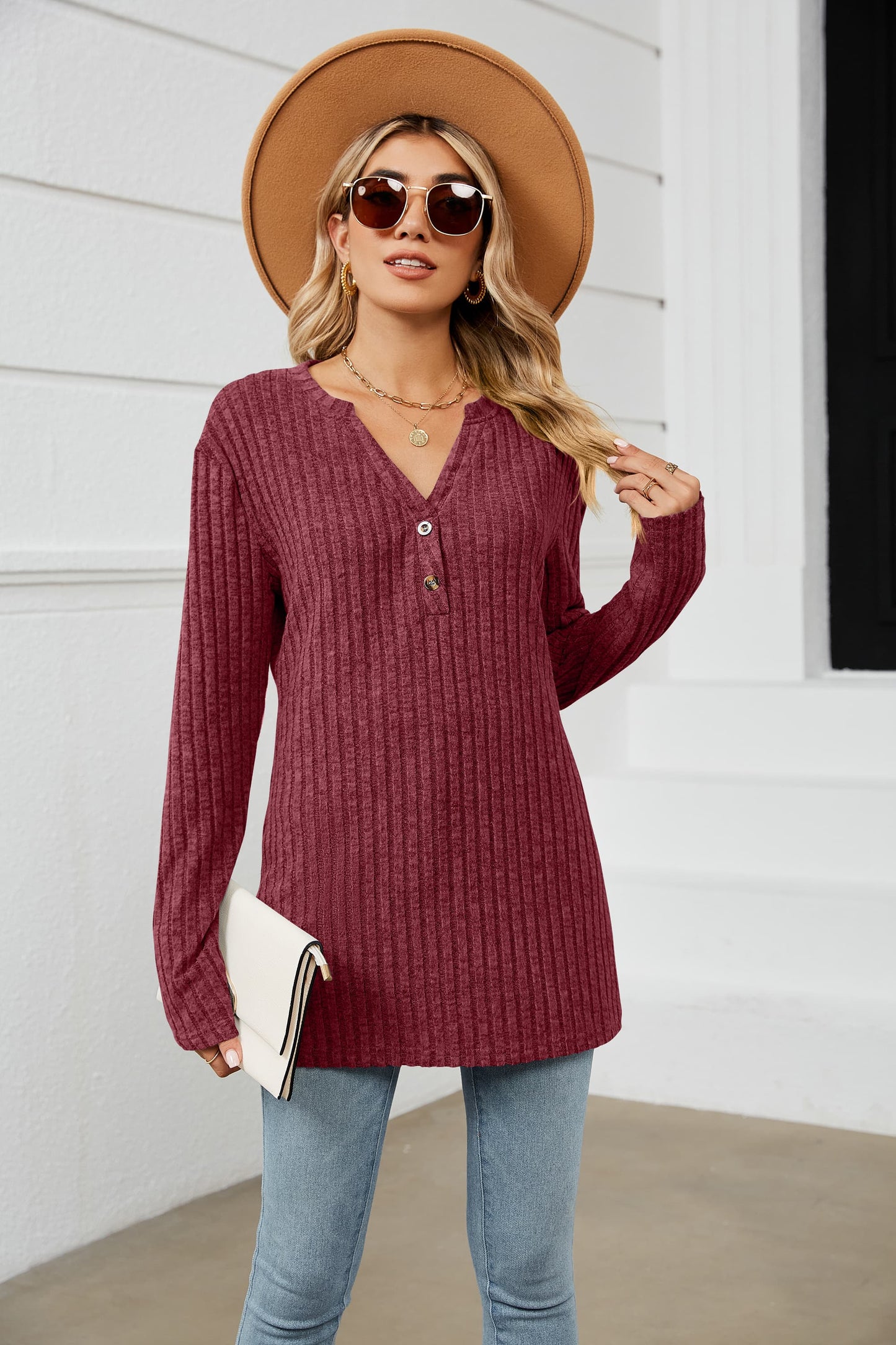 Notched Neck Ribbed Long Sleeve T-Shirt