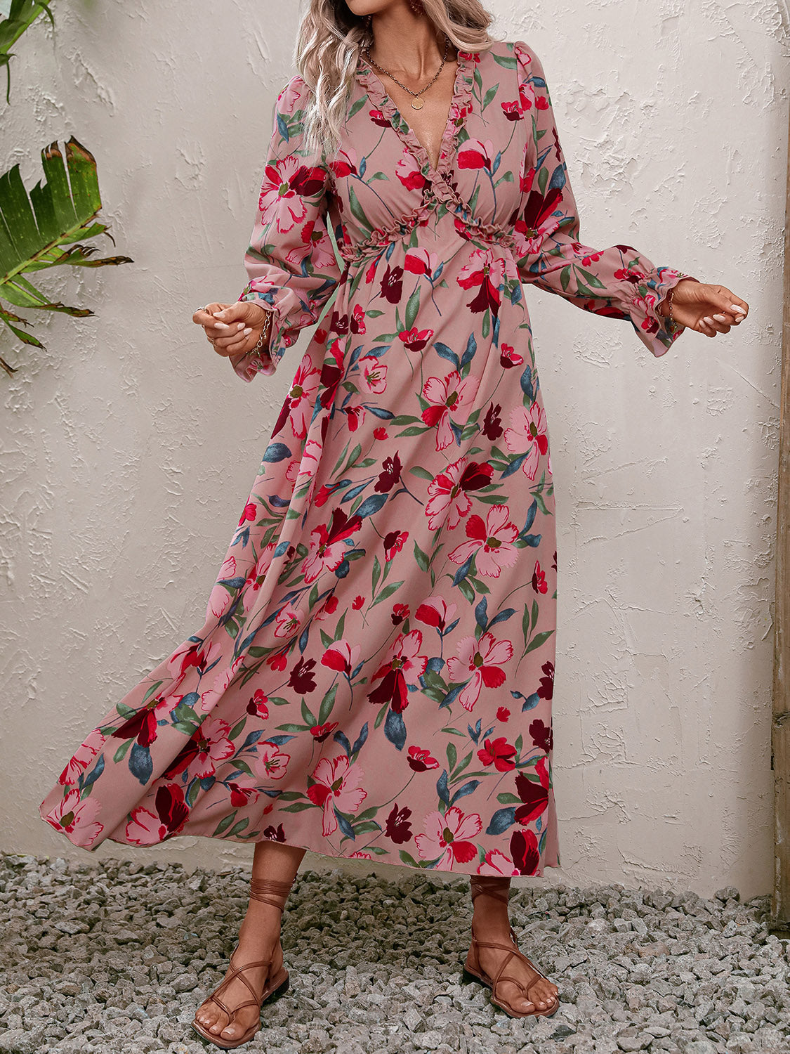 Floral Frill Trim V-Neck Maxi Dress