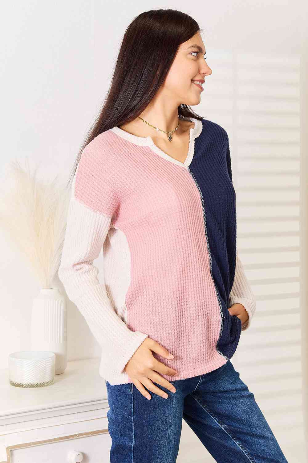 Heimish Full Size Solid Color Block Contrast Top