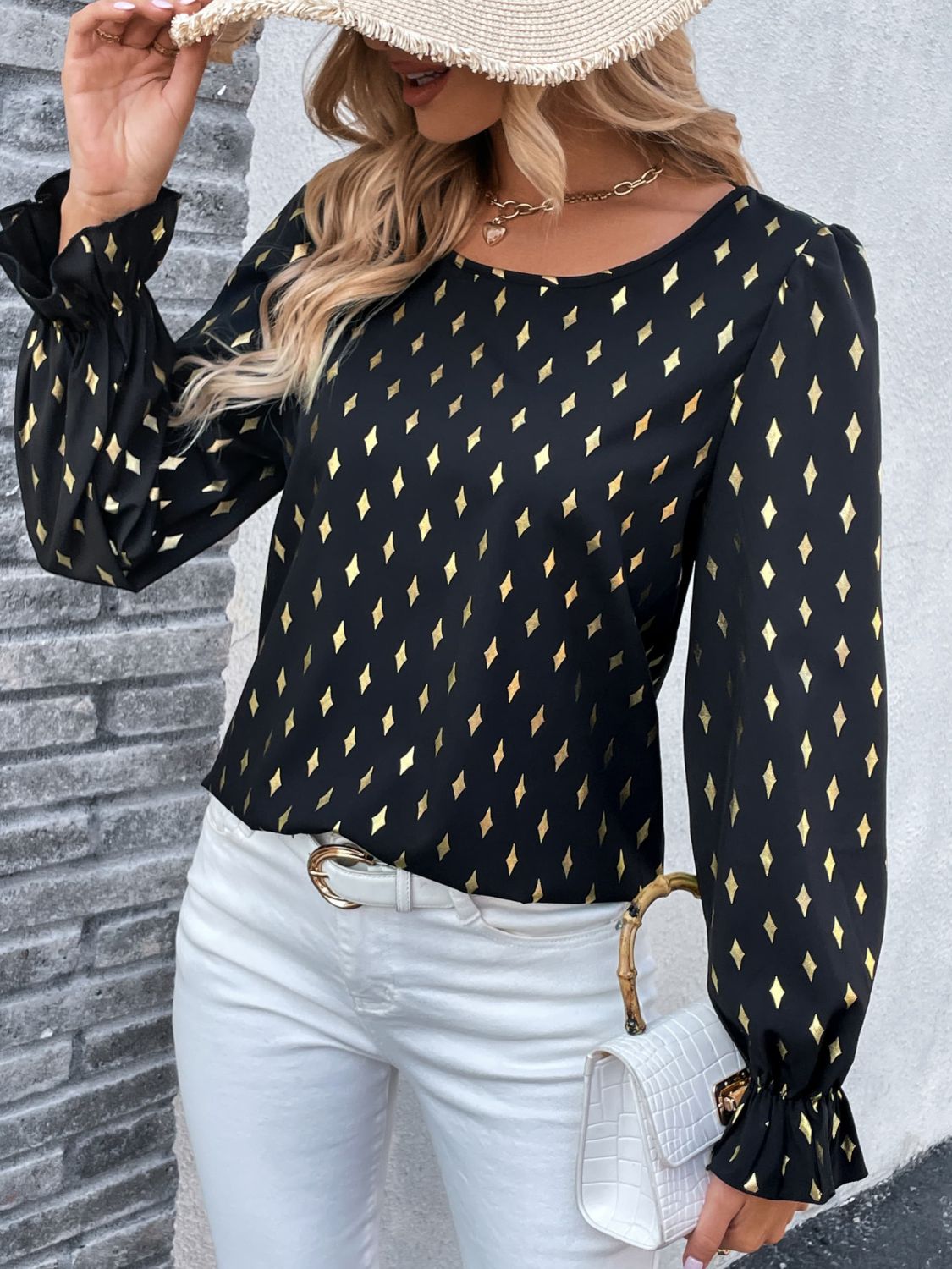 Printed Round Neck Flounce Sleeve Blouse