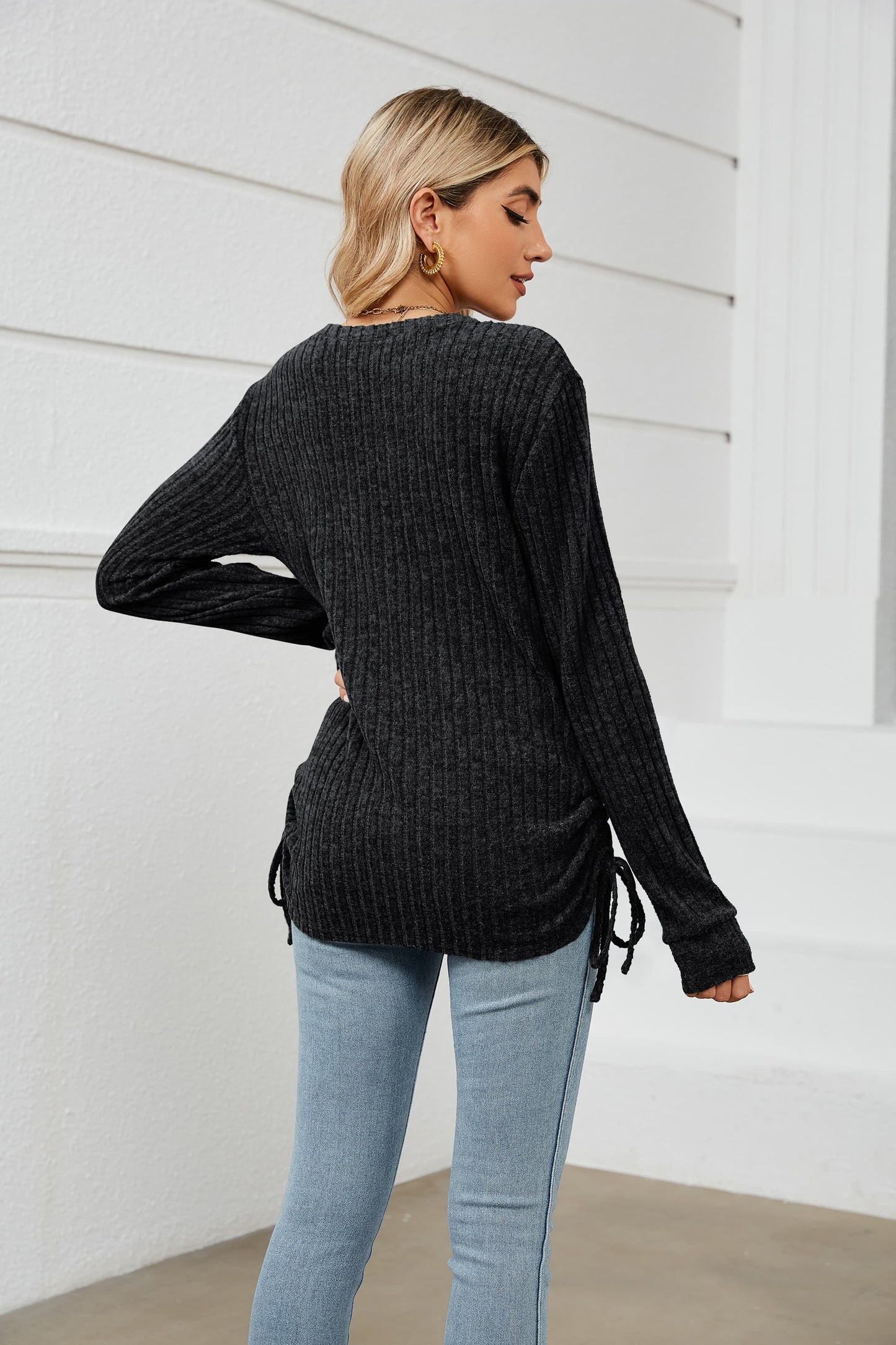 Drawstring Ribbed Long Sleeve T-Shirt