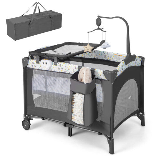 Multi-Functional Baby Playpen with Mattress and Removable Changing Table-Gray - Color: Gray