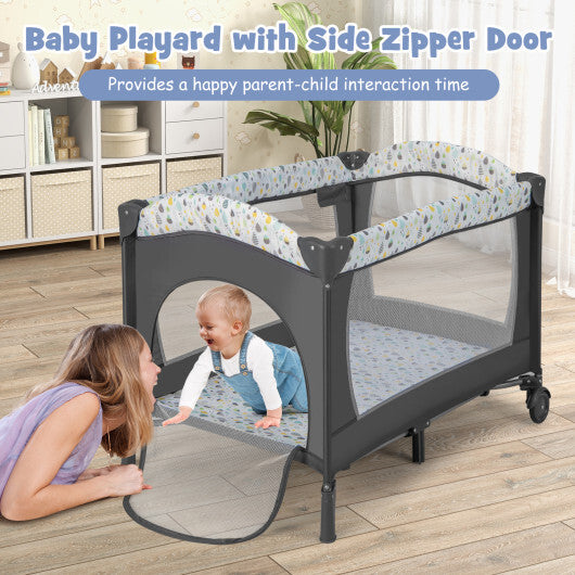 Multi-Functional Baby Playpen with Mattress and Removable Changing Table-Gray - Color: Gray