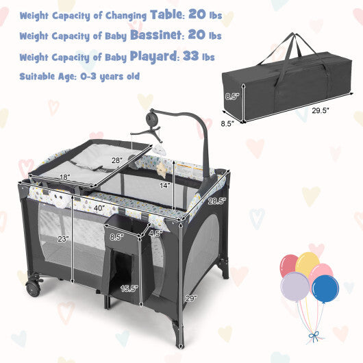 Multi-Functional Baby Playpen with Mattress and Removable Changing Table-Gray - Color: Gray