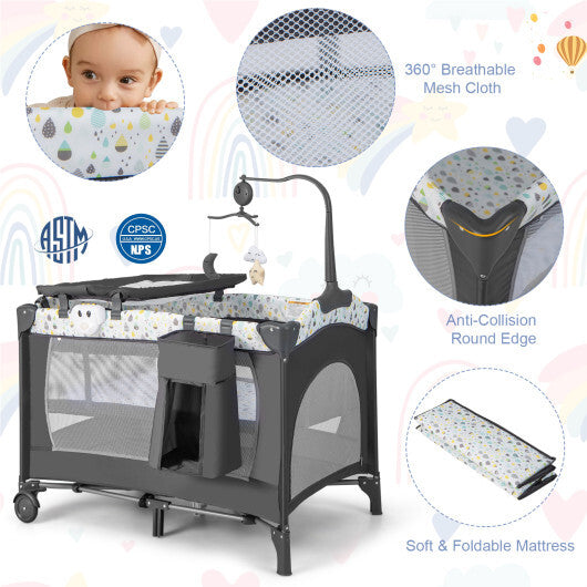 Multi-Functional Baby Playpen with Mattress and Removable Changing Table-Gray - Color: Gray