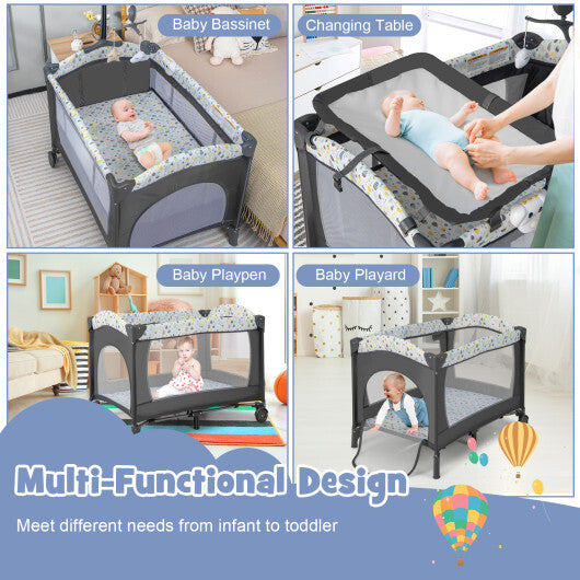 Multi-Functional Baby Playpen with Mattress and Removable Changing Table-Gray - Color: Gray