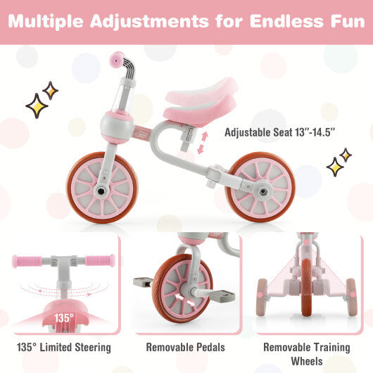 4-in-1 Kids Trike Bike with Adjustable Parent Push Handle and Seat Height-Pink - Color: Pink