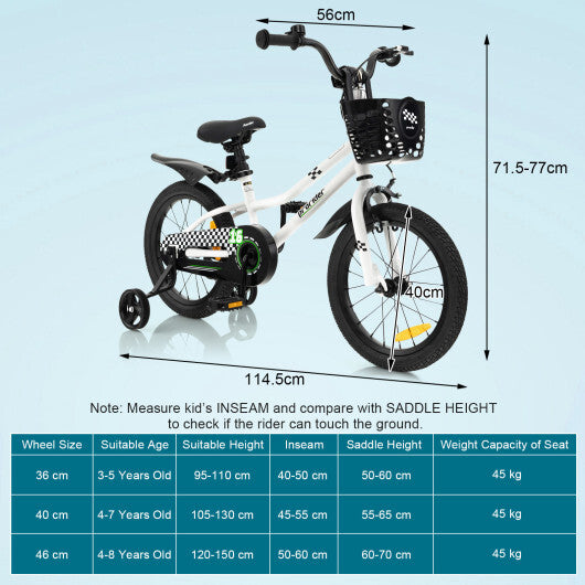 16 Inch Kid's Bike with Removable Training Wheels-Black & White - Color: Black & White - Size: 16 inches