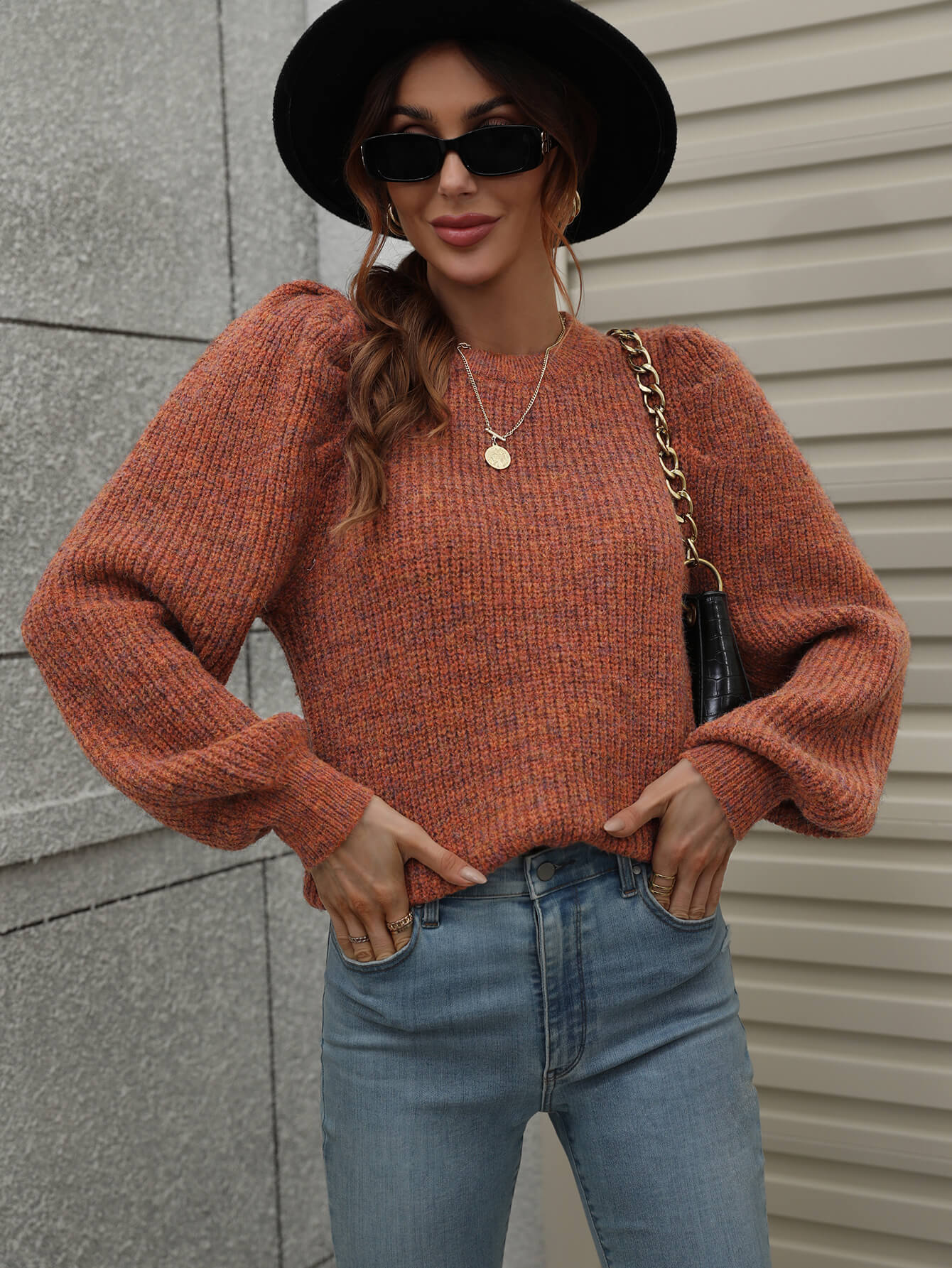 Woven Right Heathered Long Lantern Sleeve Rib-Knit Sweater