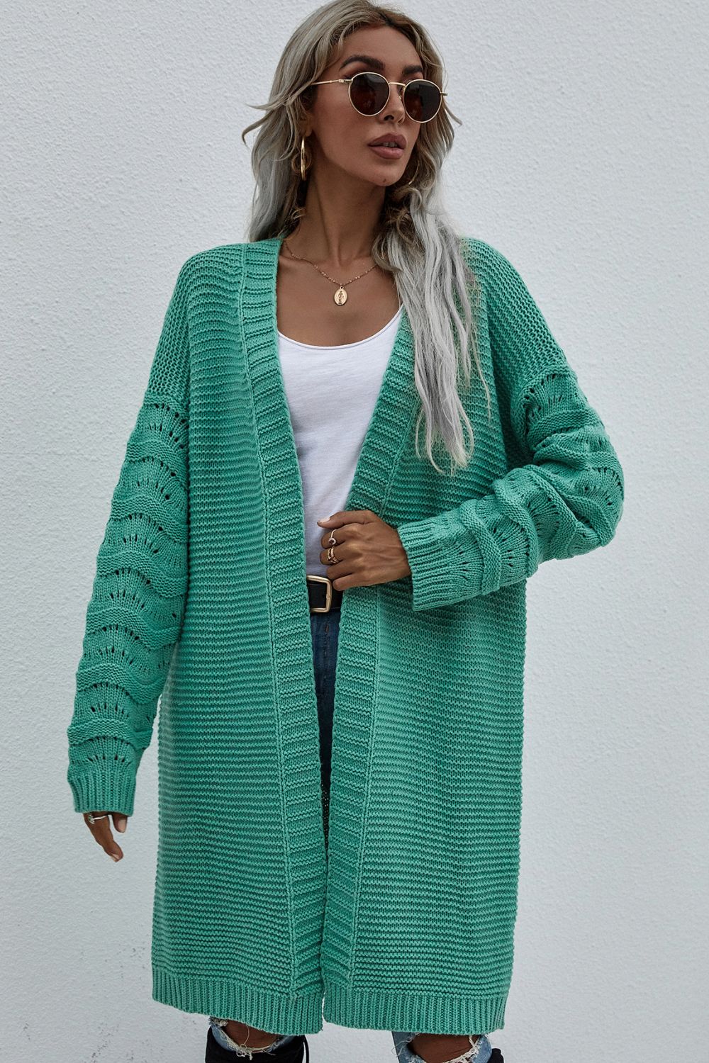 Horizontal Ribbing Open Front Duster Cardigan