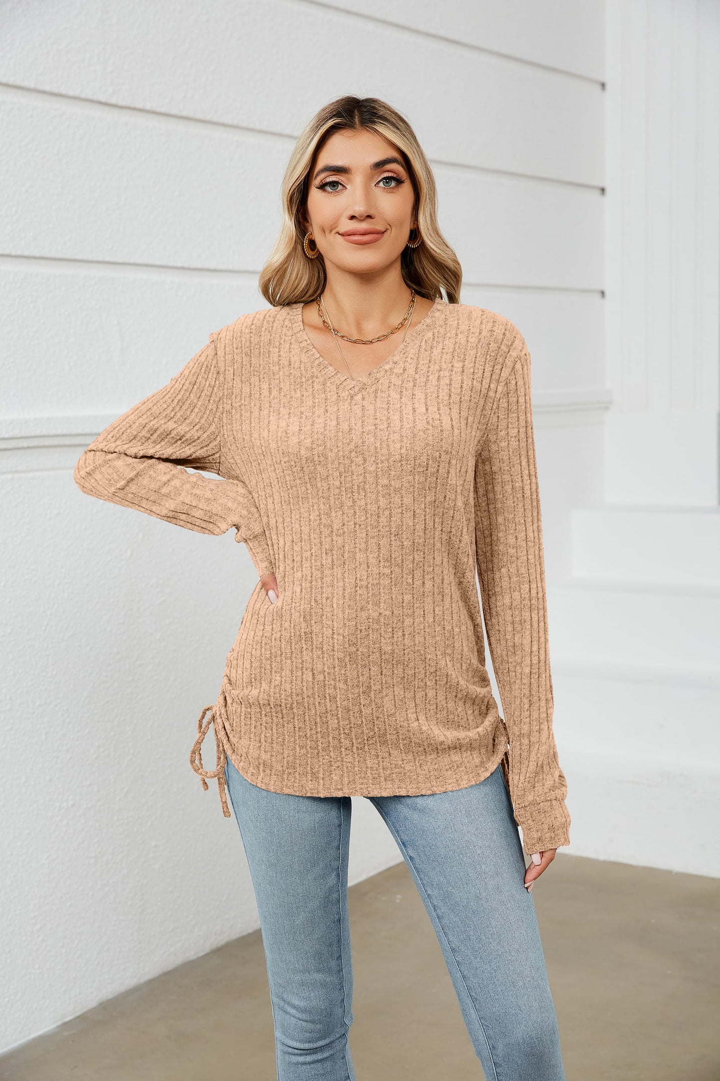 Drawstring Ribbed Long Sleeve T-Shirt