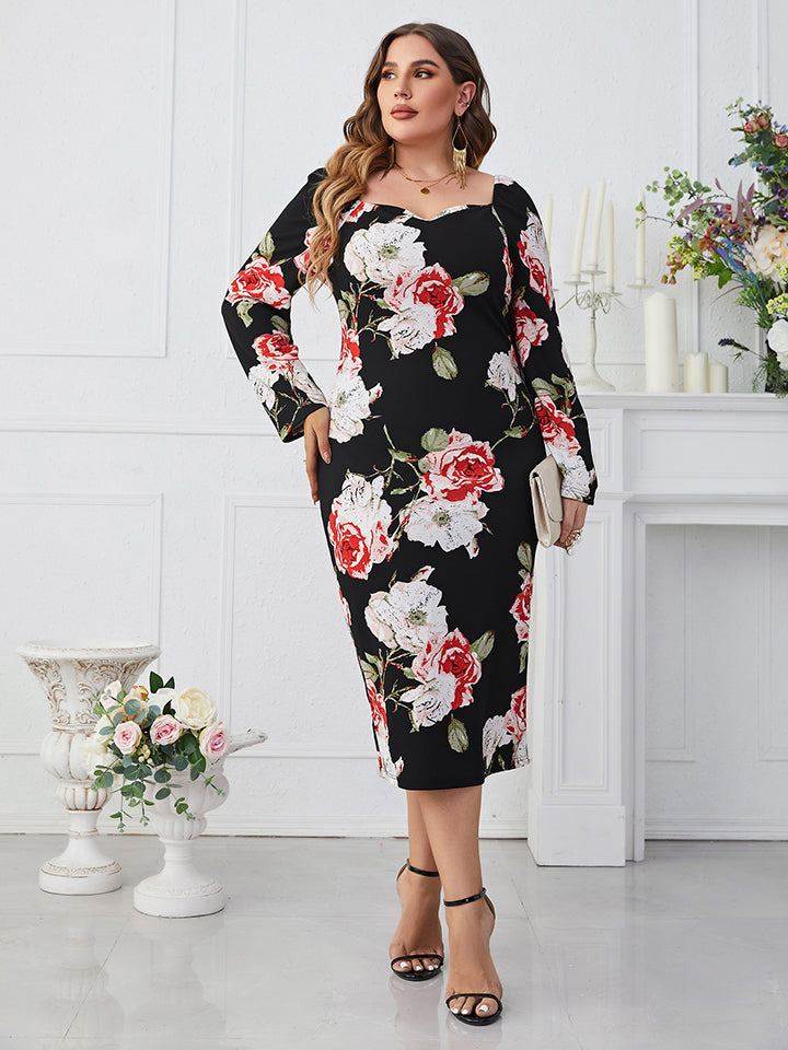 Plus Size Printed Square Neck Long Sleeve Dress