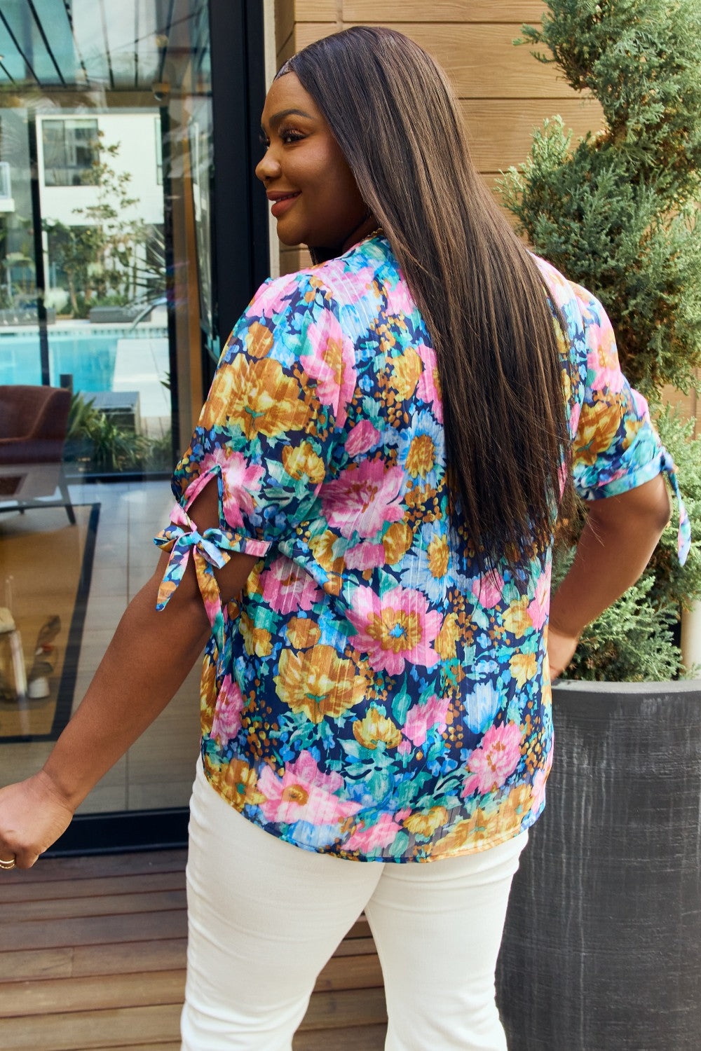 Floral V-Neck Tie Detail Blouse