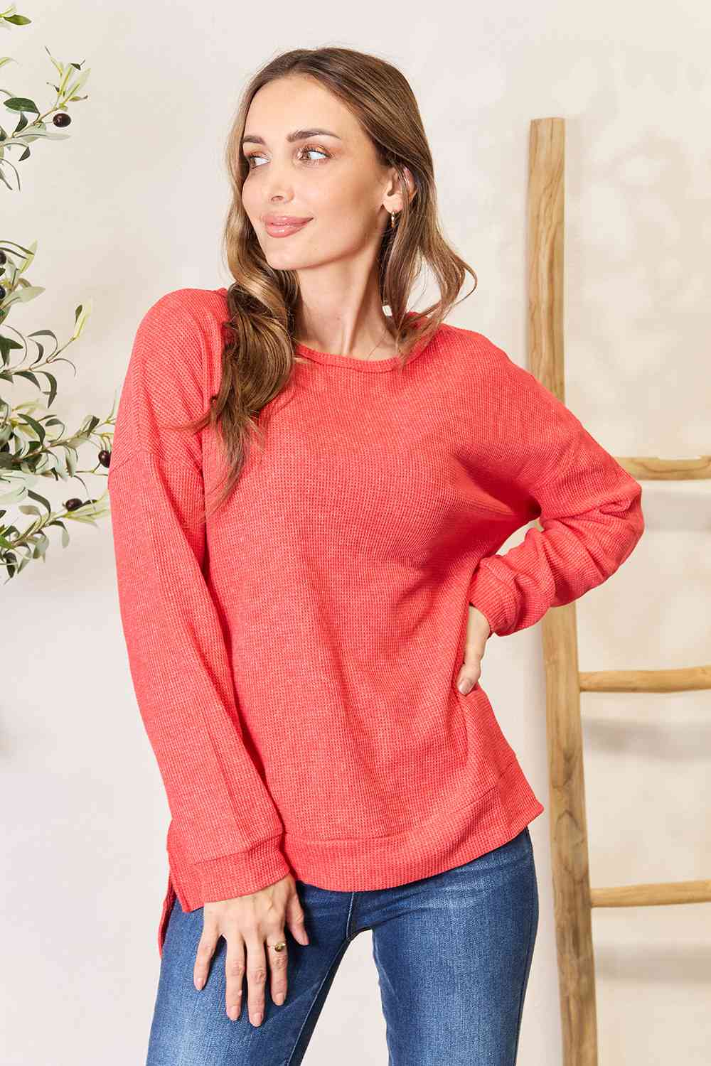 Basic Bae Round Neck Drop Shoulder Slit Sweatshirt