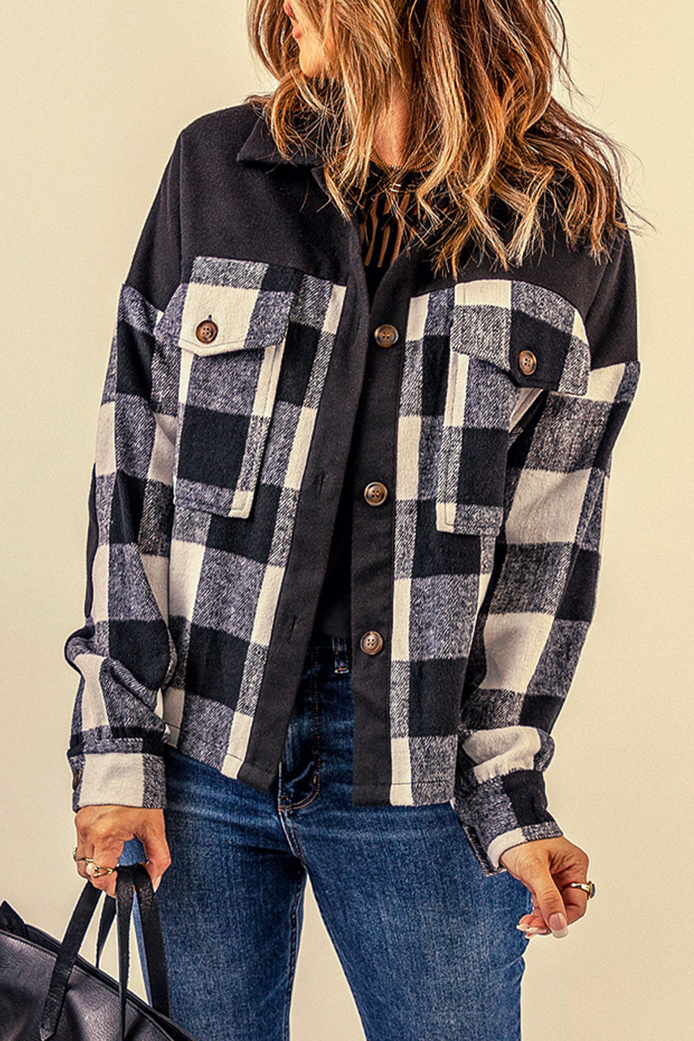 Plaid Button-Up Shirt Jacket with Pockets