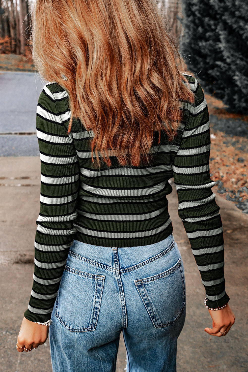 Striped Round Neck Long Sleeve Knit Top