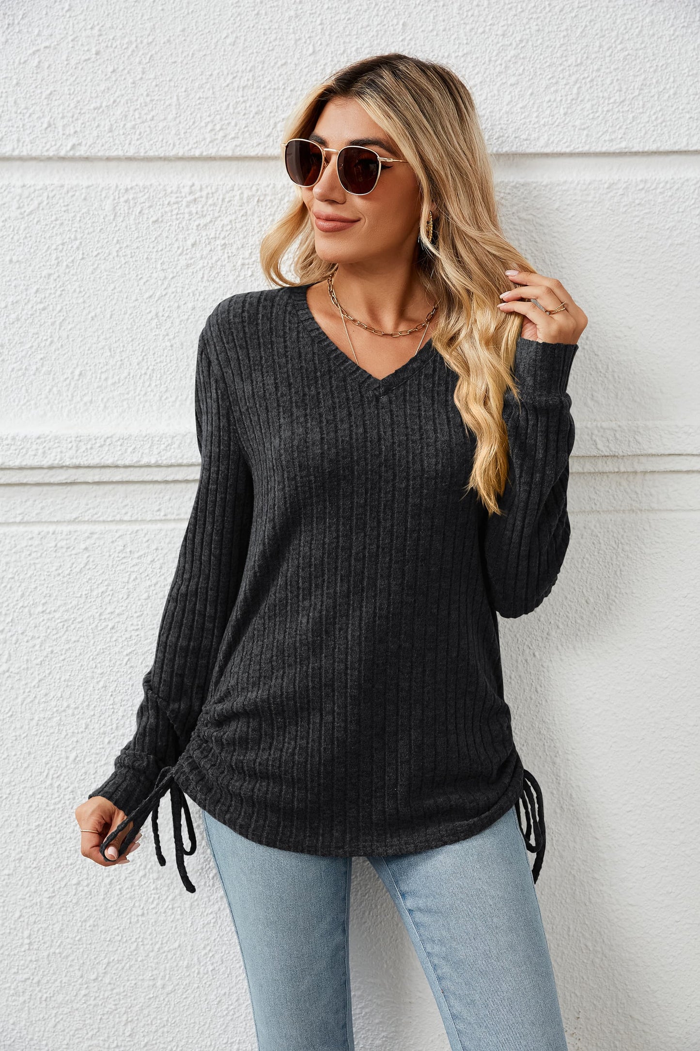 Drawstring Ribbed Long Sleeve T-Shirt