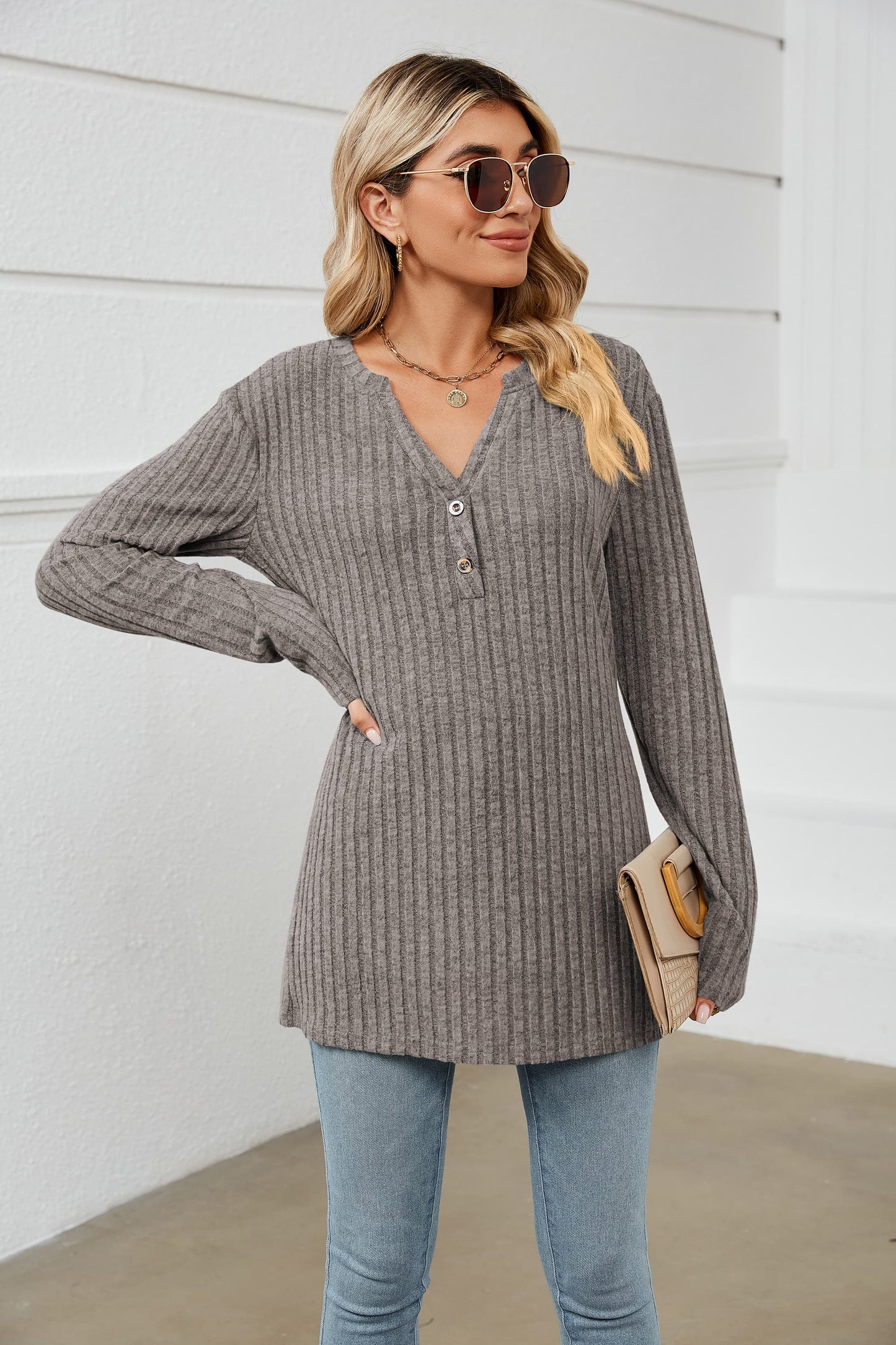 Notched Neck Ribbed Long Sleeve T-Shirt