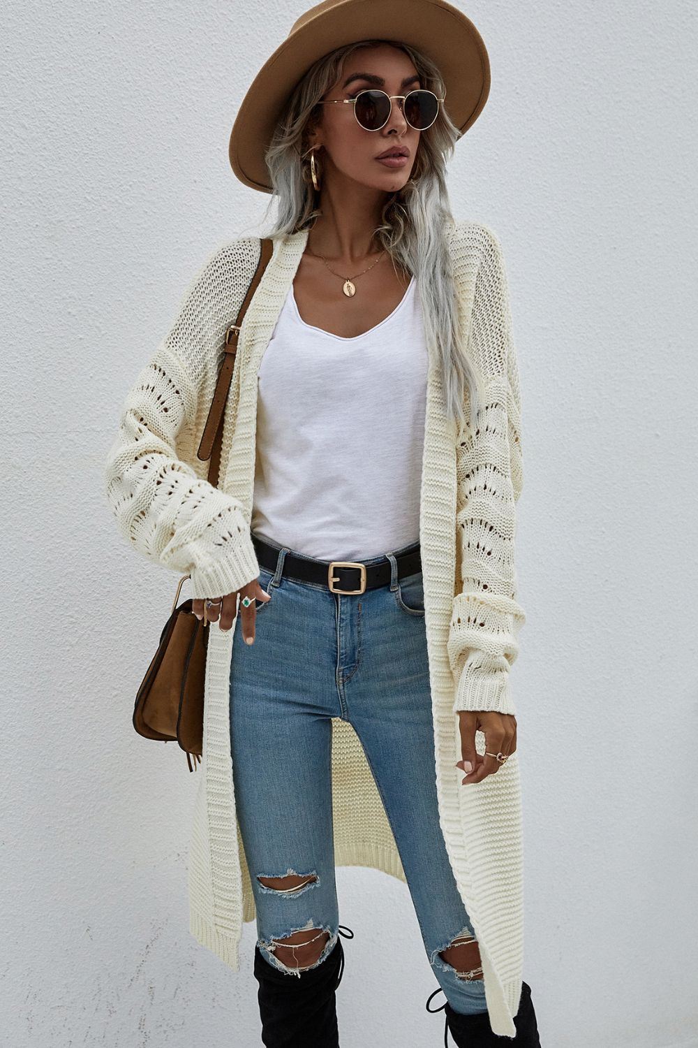 Horizontal Ribbing Open Front Duster Cardigan